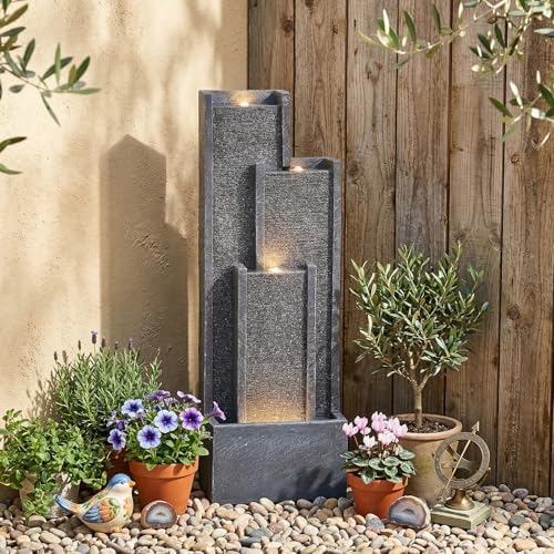 Bumilgar 39" Modern Outdoor Water Fountain with LED Lights – Grey Tiered Geometric Indoor Waterfall Fountain for Garden, Lawn, Porch or Backyard Décor, Floor Standing Resin Patio Water Feature Outside - Image 5