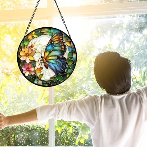Green Butterfly Flower Stained Glass Window Hanging Suncatcher Gifts 15" - Image 2