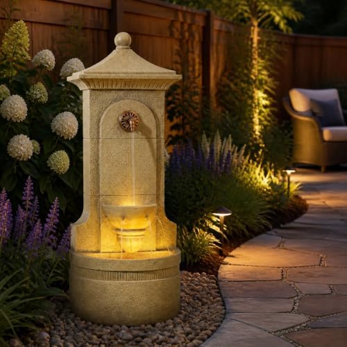 Bumilgar 42.91" H Outdoor Wall Water Fountain, Beige Vintage Pavilion Resin Cascading Fountain for Patio Garden Backyard Decor by Bumilgar