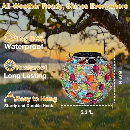 Uspring 2 Pack Red & Blue Crystal Mosaic Solar Lanterns Outdoor Waterproof Decorative Hanging Solar Lights for Outside - Image 6