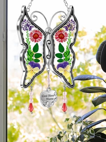 KY&BOSAM God Bless Nurse Butterfly Suncatcher with Pressed Flower Wings Nurse's Day Butterfly Stain Glass Catchers Wind Chime Ornament Charm with Metal Heart Gifts for Nurses Birthday Christmas - Image 2