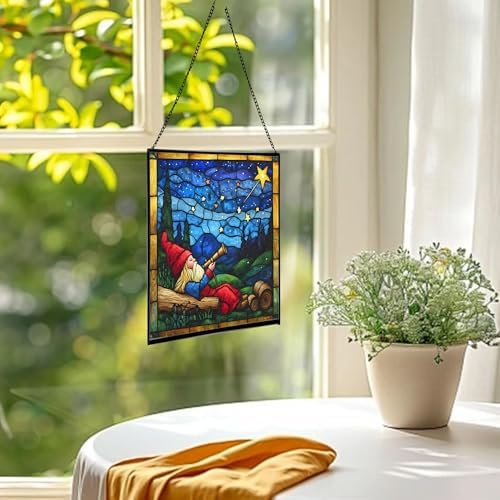 Gnome Stargazing Stained Glass Suncatcher – Square Hanging Window Panel for Home, Garden, Nursery, Halloween, Christmas, Memorial Day – Whimsical Glass Art Gift for Gnome Lovers 38qr0f - Image 3