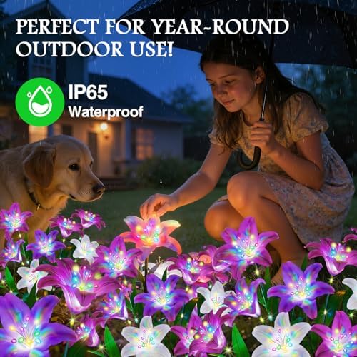 Solar Lights Outdoor Garden Decor - 10 Pack Solar Flowers with 50 Heads Colorful Lily Lights & Glowing Stems, Brighter Waterproof Decorative Garden Lights for Yard, Patio, Flower Bed, Gifts - Image 5