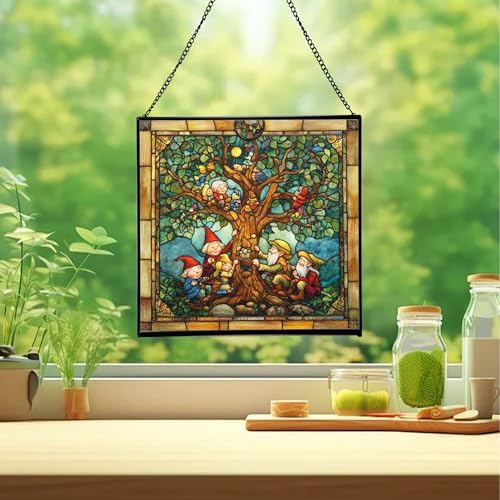 Gnome with Family Tree Stained Glass Suncatcher – Square Hanging Window Panel for Home, Garden, Nursery, Halloween, Christmas, Memorial Day – Whimsical Glass Art Gift for Gnome Lovers 1cp3fp - Image 2
