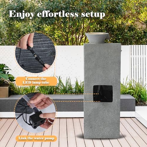 24" H Water Fountain Outdoor, 5-Tiers Cascading Resin Garden Fountains, Indoor Waterfalls Fountain with LED Lights, Bamboo-Shaped Bird Bath Fountains for Patio, Balcony, Yard (Light Gray) - Image 6