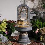 Bumilgar Outdoor Wall Fountain with LED Lights, 49.8” H Freestanding Gilded Fleur-de-Lis European Resin Standing Waterfall Feature, European Resin Flat Back Yard by Bumilgar