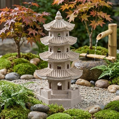 Pagoda Garden Statue Solar Powered Pagoda Lantern Resin Outdoor Zen Japanese Garden Decor for Balcony, Patio, Porch, Yard 11.4x4.7x4.7 inch Khaki, Décoration de Jardin - Image 4