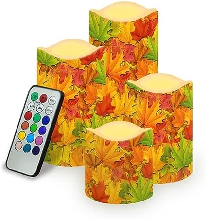 Jeiento 4PCS Thanksgiving Flickering Flameless Candles with Fall Maple Leaf Print Outdoor Realistic LED Flickering Pillar Candles,Waterproof Flameless Votive Candles,Farmhouse Holiday Decoration by Jeiento