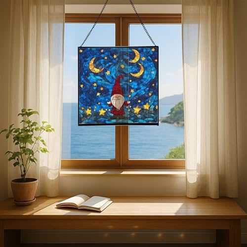 Starry Night Gnome Stained Glass Suncatcher – Square Hanging Window Panel for Home or Greenhouse – Whimsical Glass Art Gift for Garden Lovers, Christmas, Halloween, Father Days 81MU6h - Image 6
