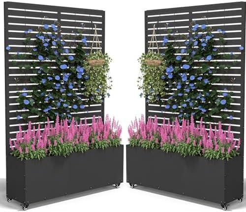 2PCS Metal Planter Box with Trellis,70.9"x47.2"x15.7" Raised Garden Bed with Drainage Holes, Privacy Planters for Outdoor, Garden Bed for Climbing Plants,Vegetables,and Vines, Black-louvered by FOLAWO