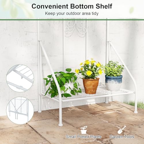 Giantex Metal Garden Trellis for Climbing Plants, 75" x 20" Outdoor Rose Trellis w/Foldable Bottom Shelf, Freestanding Plant Support for Vines, Flowers, Vegetables & Fruits, Patio Lawn Garden, White - Image 5