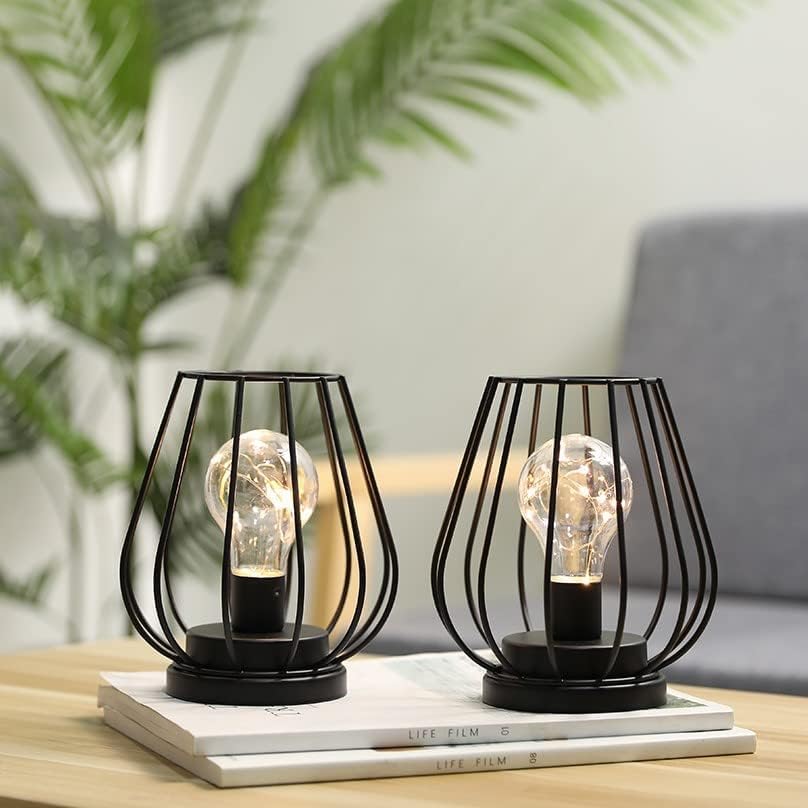 TRIROCKS Set of 12 Metal Battery Operated Lamp 7'' Tall mini Cage Shape Cordless Table Lamp Battery Lanterns with Warm Fairy Lights Bulb for Patio Garden Wedding Parties Indoor Outdoor(Black) - Image 2