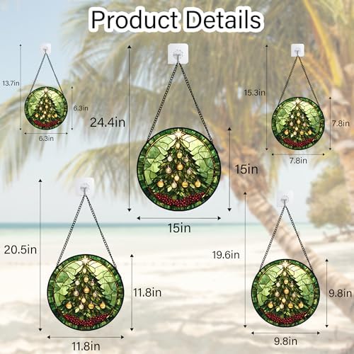 Green Christmas Tree Golden Bells Stained Glass Window Hanging Gifts 9.8" - Image 6