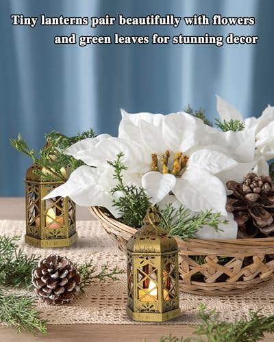 12-Pack Mini Gold Lanterns with Flickering LED Candles for Ramadan, Small Decorative Hanging Lanterns for Halloween, Christmas, Wedding, Lantern for Table Centerpiece, Garden Party Decor - Image 4