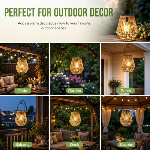Handwoven Rattan Solar Lantern, Outdoor Hanging Solar Light with Warm LED Glow, Weather Resistant Wicker Style Lamp for Patio, Garden, Yard, Porch, Balcony, Deck and Gazebo Decor (2Pcs) - Image 7
