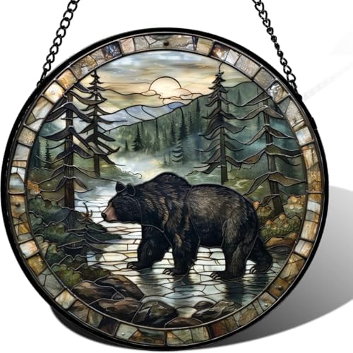 9.84 Inch Stained Glass Window Hanging Mist River Bear Suncatcher Diamond Glass Panel Hangings Sun Catchers Decor for Birthday for Women Men Wife Aunt and Mom by Unknown
