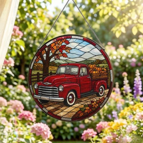 Fall Old Truck Pumpkins Stained Glass Suncatcher 9.8" Colorful Window Hanging Ornament, Retro Sun Catcher Decor with Chain for Home Wall Garden Birthday Christmas Mothers Day - Image 2