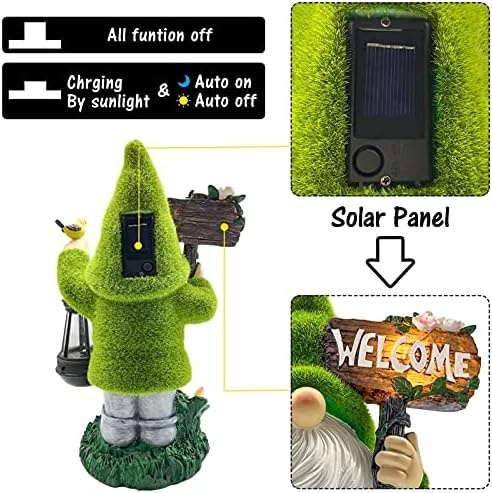 Lovinland Garden Gnome Statue Outdoor Decor Large Flocked Resin Gnome Figurine with Solar Light Holding Lantern Welcome Sign Garden Yard Decorations Dwarf Sculpture for Outside Patio Porch Lawn Decor - Image 4