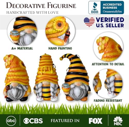 OrnamentallyYou Spring & Summer-Themed Garden Statues – Adorable Outdoor Decor for Lawn, Patio & Porch (Buzzy Trio Set of Three Bumble Bee Gnome Figurines, 6" Tiered Tray Home or Garden Decoration) - Image 2