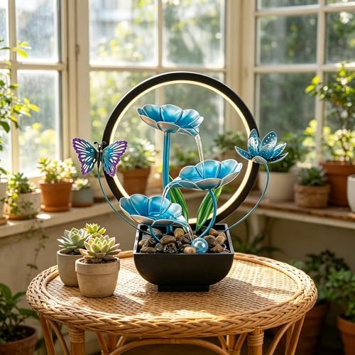 Tabletop Fountain,Indoor Water Fountain,Home Fengshui Décor Zen Relaxation Soothing Sound Machine for Office,Living Room,or Bedroom,Blue Lotus with Butterfly,River Rocks,10.2inch by Unknown