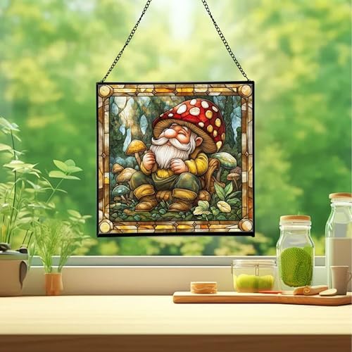 Gnome with Mushroom Maintenance Stained Glass Suncatcher – Square Hanging Window Panel for Home, Garden, Nursery, Halloween, Christmas, Memorial Day – Whimsical Glass Art Gift for Gnome Lovers furjak - Image 2