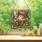 Gnome with Mushroom Maintenance Stained Glass Suncatcher – Square Hanging Window Panel for Home, Garden, Nursery, Halloween, Christmas, Memorial Day – Whimsical Glass Art Gift for Gnome Lovers furjak - Image 2