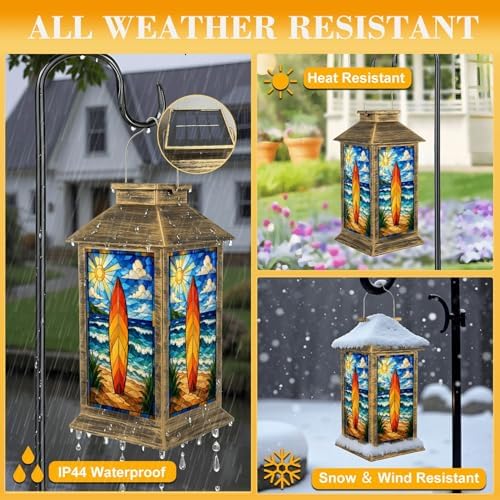 Solar Lantern Outdoor Waterproof Stained Glass Surfboard Vibrant Ocean Beach Garden Decor LED Hanging Solar Lights Tabletop Lamp Gifts for Women Mom Outside Yard Patio Porch - Image 3