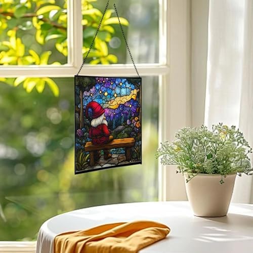 Gnome Stargazer Bench Stained Glass Suncatcher – Square Hanging Window Panel for Home or Greenhouse – Whimsical Glass Art Gift for Garden Lovers, Christmas, Halloween, Father Days RnUNeB - Image 3