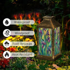 Solar Lantern Irises Hand Cut Stained Glass Purple Green Blue Leaves Organic Outdoor Waterproof Garden Hanging Lantern Solar Powered Lighting Outside Table Lamp for Patio Deck Camping 1 Pack - Image 2