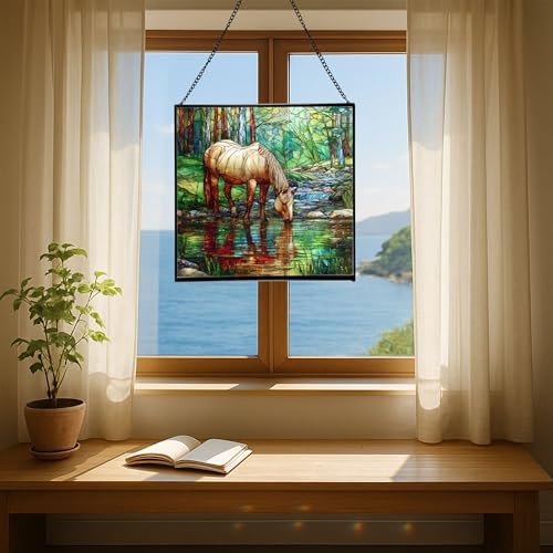 Palomino Rocky Mountain Horse grazing beside shallow stream Square Suncatcher –Stained Glass Style Window Panel with Pastoral Scene, Custom Decorative Hanging Art for Equestrian Home, Christmas Jkv88r - Image 6