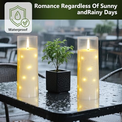 kakoya 11" x 4" Large Outdoor Waterproof Flameless LED Candles with Remote and Timer,Acrylic Pillar Candles Battery Operated with Embedded Star String for Porch,Patio,Outdoor Decor,Set of 2(Ivory) - Image 6