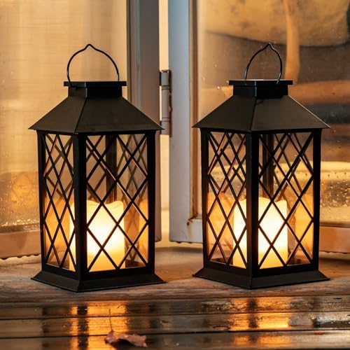 Homemory 2 Pack 13'' Black Solar Lanterns, Flickering Flame Hanging Lights by Homemory