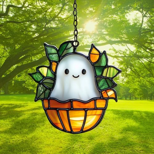 Cute Ghost in Monstera Plant Pot Acrylic Suncatcher - Image 3