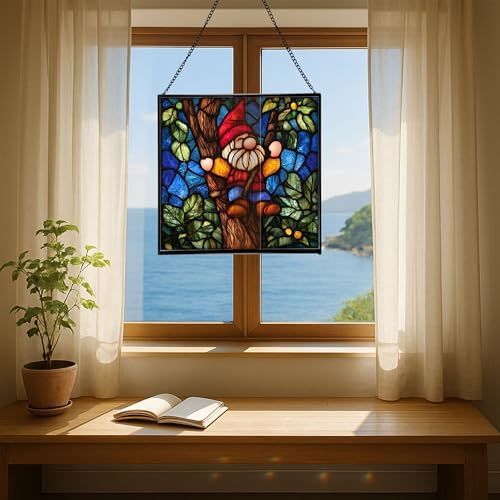 Gnome with Tree Climbing Stained Glass Suncatcher – Square Hanging Window Panel for Home, Garden, Nursery, Halloween, Christmas, Memorial Day – Whimsical Glass Art Gift for Gnome Lovers sao25y - Image 6