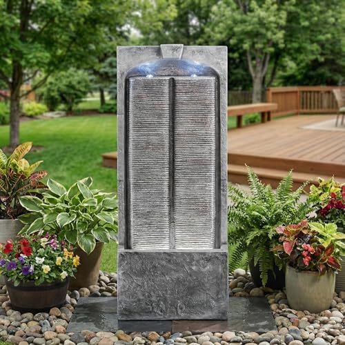 39" Modern Outdoor Water Fountain with LED Lights, Freestanding Waterfall by Unknown