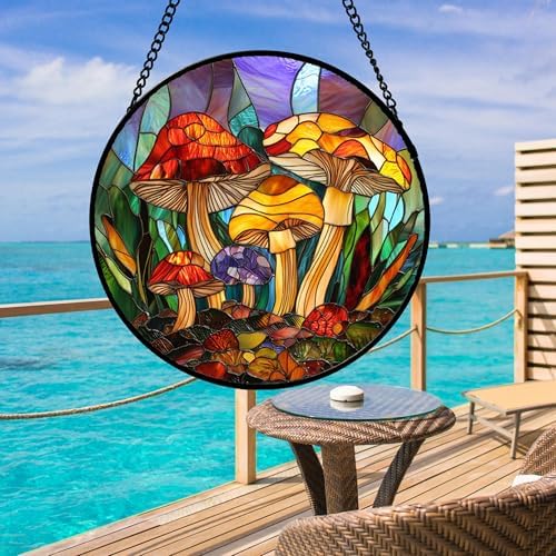 Colorful Mushroom Forest Stained Glass Window Hanging Suncatcher Gifts 15" - Image 4