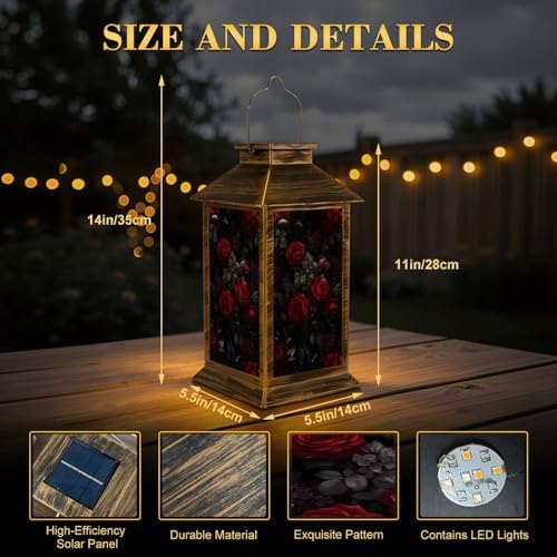 Solar Lantern Outdoor Garden Hanging Lantern Deep Burgundy Roses Dark Floral Black Waterproof Solar Powered Lighting Outside Table Lamp for Patio Deck Yard Camping - Image 2