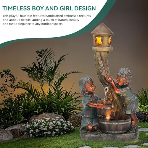 31" Boy and Girl Outdoor Water Fountain LED 3-Tier Waterfall - Image 5