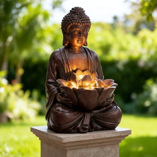 AUTODAYA 18.9" H Buddha Statue Outdoor Water Fountain with Warm LED Lights by Unknown