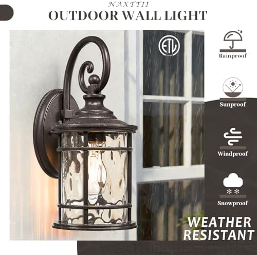 Porch Lights 0utdoor 12.5 Inch Height Exterior Lighting Fixtures with Water Ripple Glass Die-Casting Aluminum Outside Lights for House Porch Garage Yards E27 Socket ORB Finish - Image 4