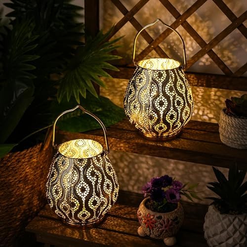 TRIROCKS Set of 2 Moroccan Decorative Lamps 8'' High Cordless Lamp Metal Table Lamps with Fairy Lights Bulb for Home Living Room Garden Yard Party Events Tabletop Indoor Outdoor(Gold) - Image 4