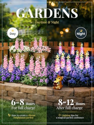 GIGALUMI 3 Pack Solar Delphinium Flowers Outdoor, 2 Modes, Pink - Image 4