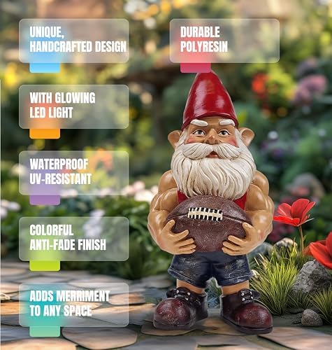 Better Office Products Garden Gnome Statue, 12" Height, Handcrafted Waterproof, UV-Resistant Polyresin Lawn Patio Porch Ornament Decoration (Muscled Football Player with Glowing Solar Light) - Image 2