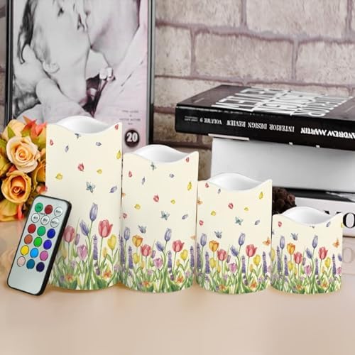 Colorful Tulip Flameless Candles with Remote Timer Flickering LED Pillar Candles Color Changing Set of 4 Battery Operated Candles Indoor Outdoor Home Table Beach Wedding Decoration - Image 4
