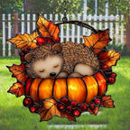 Hedgehog Pumpkin Fall Leaves Acrylic Suncatcher by AVAGAN