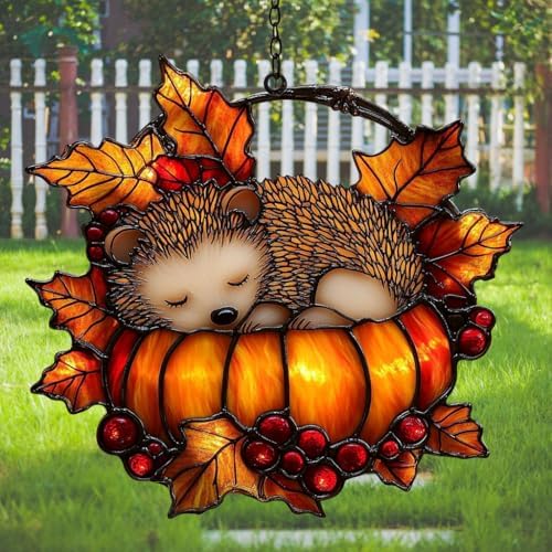Hedgehog Pumpkin Fall Leaves Acrylic Suncatcher by AVAGAN