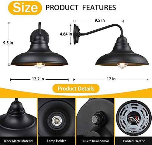 12" Dusk to Dawn Outdoor Wall Sconces Farmhouse Barn Light Outdoor Wall Lights Exterior Wall Lighting Fixture for Porch Entryways, 1 Pack - Image 2