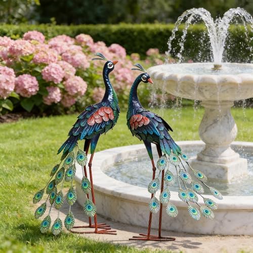 chisheen Garden Decor Outdoor Statues, Metal Peacock Decor for Outside, Garden Art Sculptures Standing for Patio Yard Lawn Home Decorations, Set of 2 by Chisheen