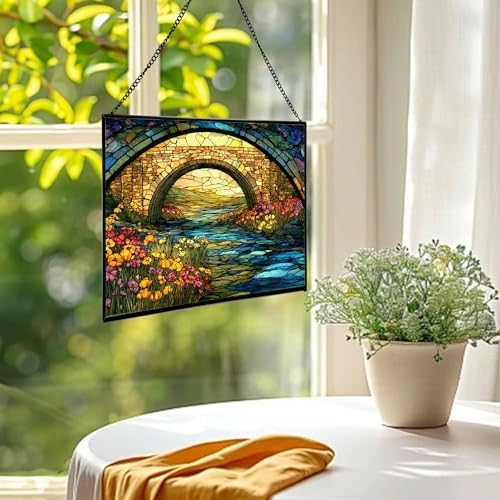 Rainbow Bridge Over Meadow Stream Rectangular Stained Glass Suncatcher – Hanging Window Panel with Animal & Nature Scene – Vibrant Glass Art Gift for Wildlife, Fantasy, Nature Lovers YSUv9u - Image 2