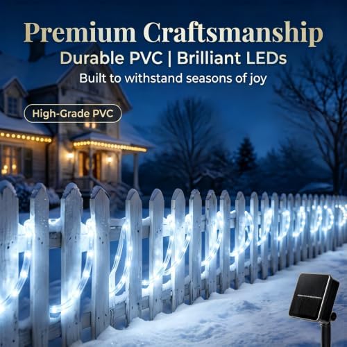 Solar Rope Lights Outdoor Waterproof 2 Pack, 66ft 200 LED White String Lights with 8 Modes, Flexible Clear Tube Fairy Lights Auto On/Off for Garden Patio Fence - Image 2